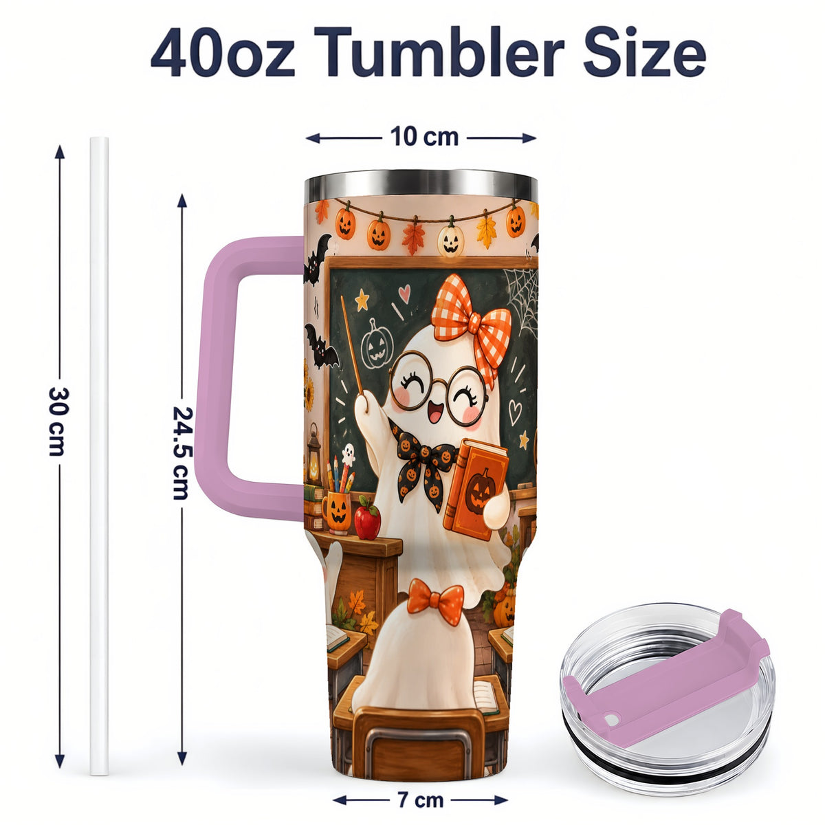 #pl[40oz|Pink] Halloween Ghost Teacher 40oz Tumbler with Classroom Artwork