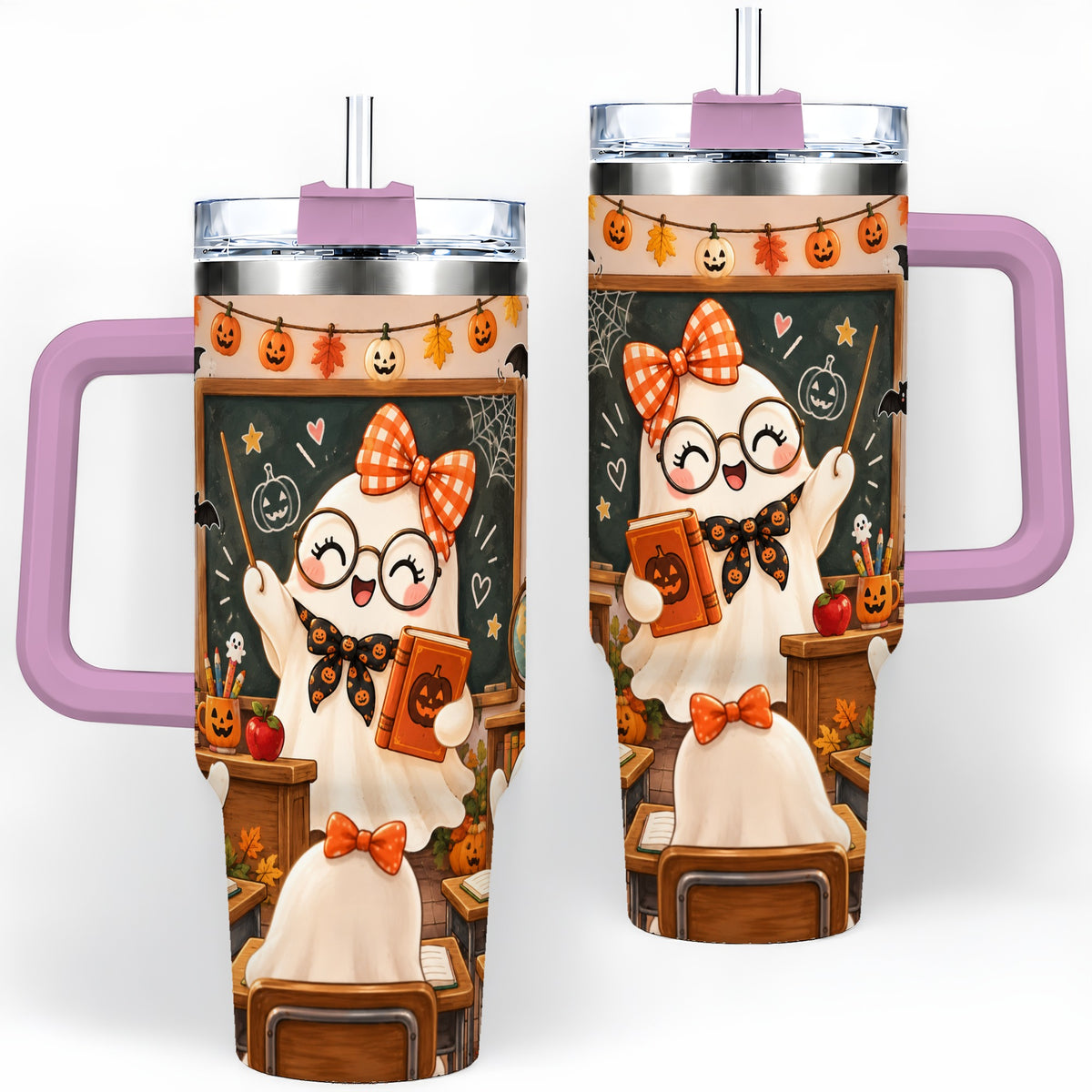 #pl[40oz|Pink] Halloween Ghost Teacher 40oz Tumbler with Classroom Artwork