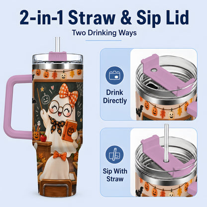 #pl[40oz|Pink] Halloween Ghost Teacher 40oz Tumbler with Classroom Artwork