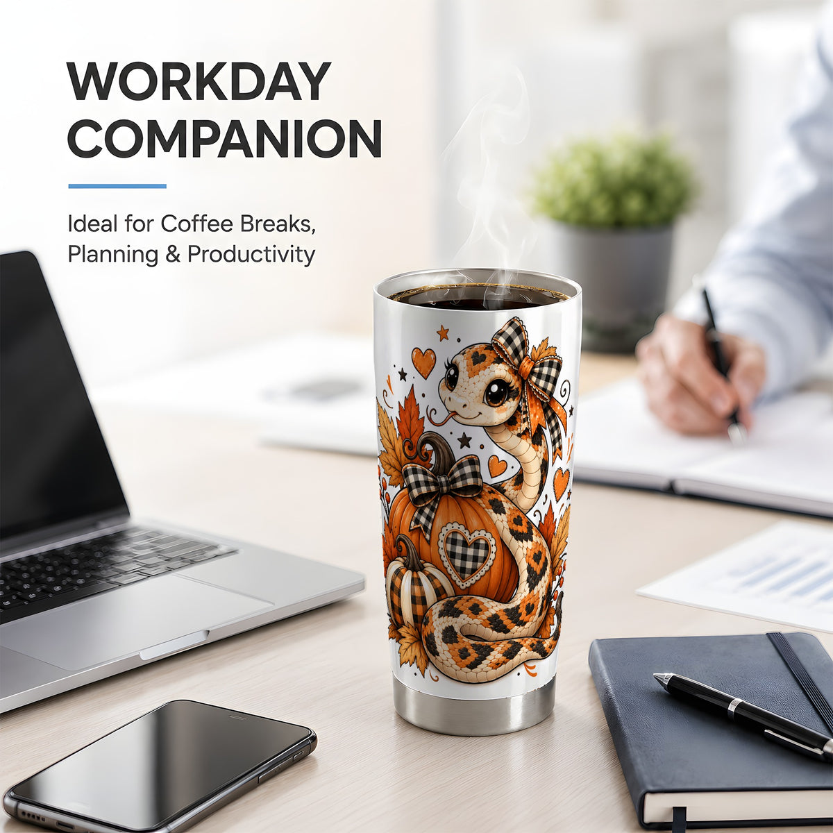 Cute Fall Snake 20oz Tumbler, Pumpkin Plaid Bow Autumn Art Design