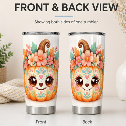 #pl[20oz|Steel] Cute Floral Pumpkin 20oz Tumbler, Pastel Botanical Fall Art Design