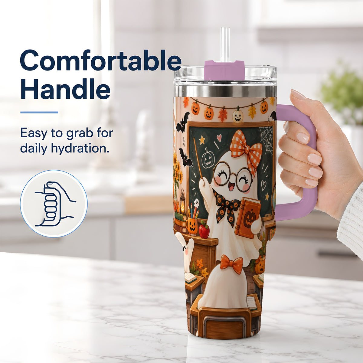 #pl[40oz|Pink] Halloween Ghost Teacher 40oz Tumbler with Classroom Artwork