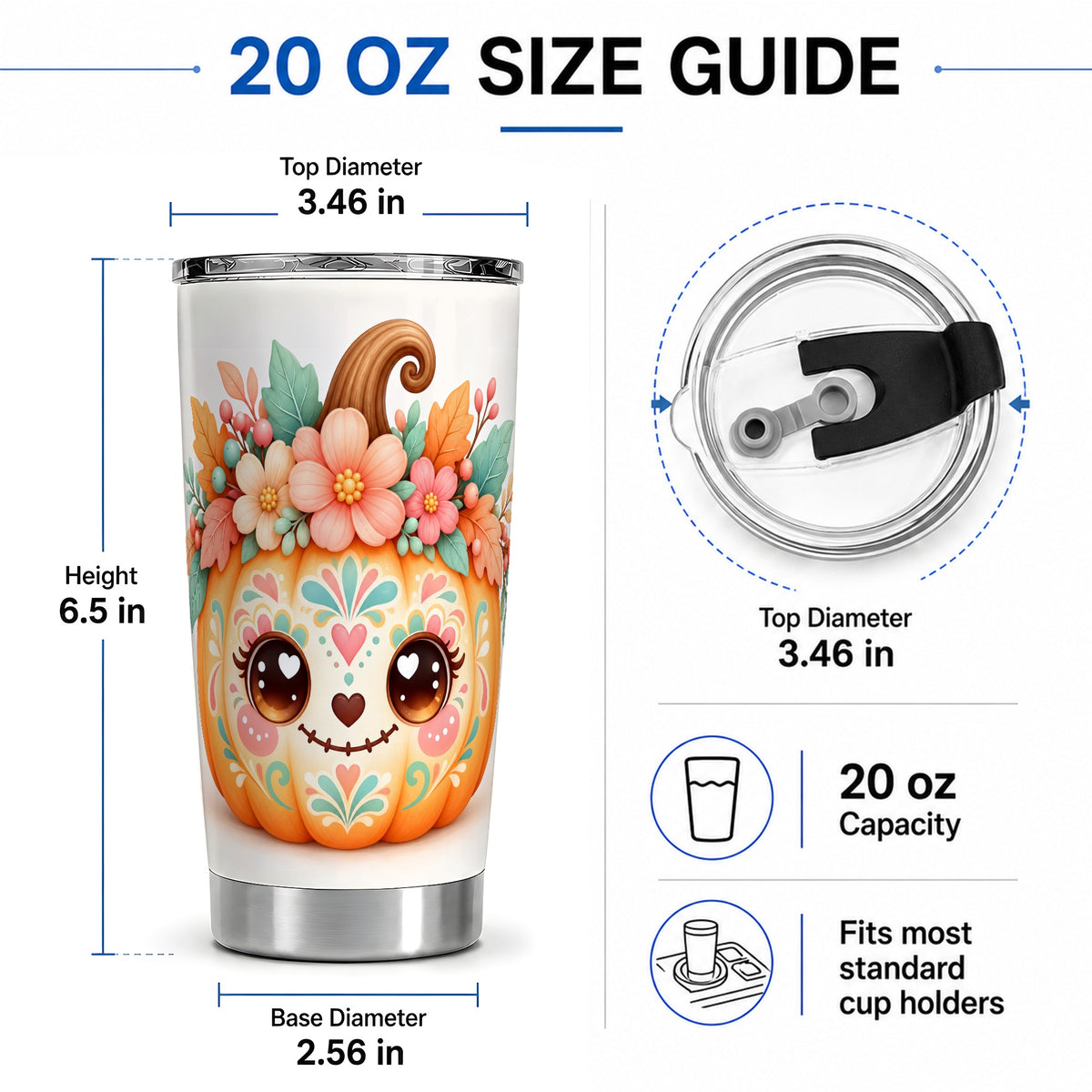 #pl[20oz|Steel] Cute Floral Pumpkin 20oz Tumbler, Pastel Botanical Fall Art Design