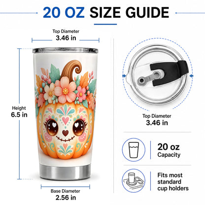 #pl[20oz|Steel] Cute Floral Pumpkin 20oz Tumbler, Pastel Botanical Fall Art Design
