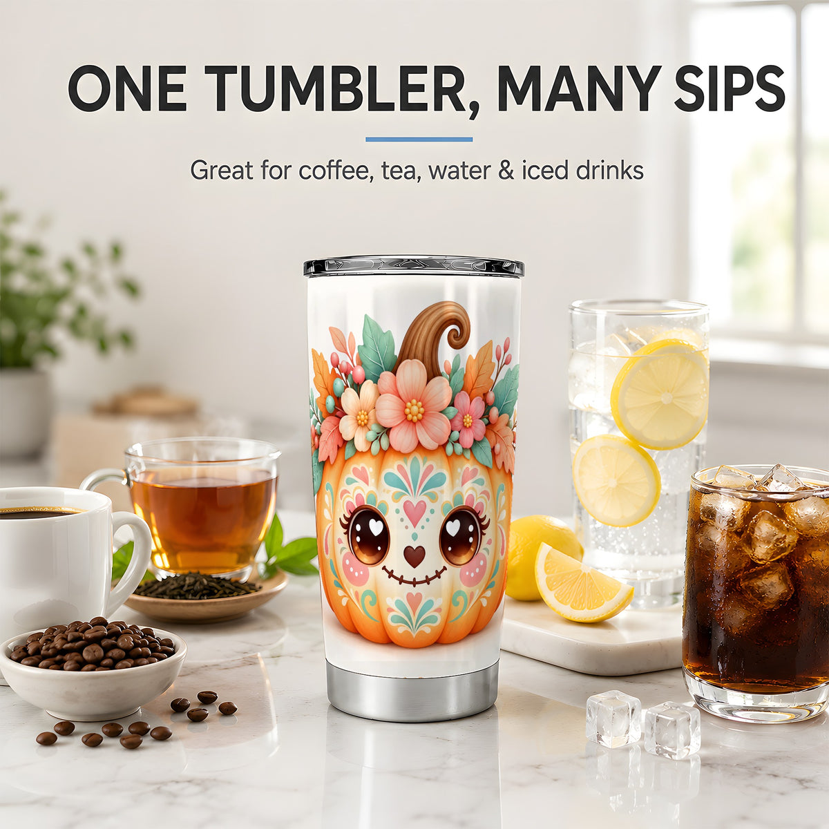 Cute Floral Pumpkin 20oz Tumbler, Pastel Botanical Fall Art Design