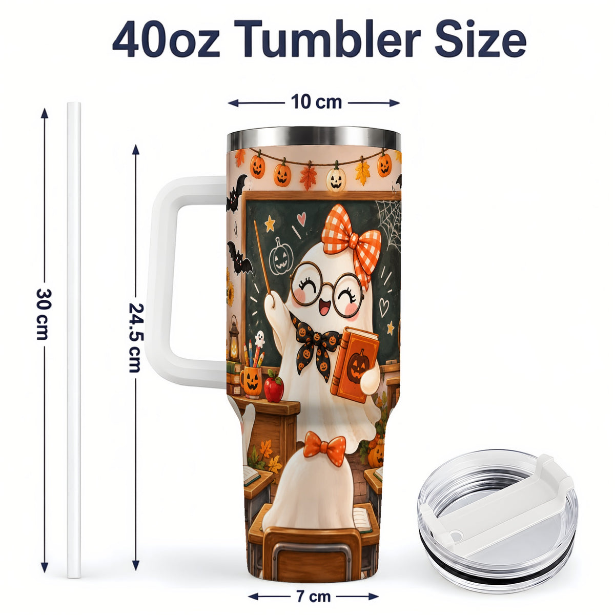 #pl[40oz|White] Halloween Ghost Teacher 40oz Tumbler with Classroom Artwork