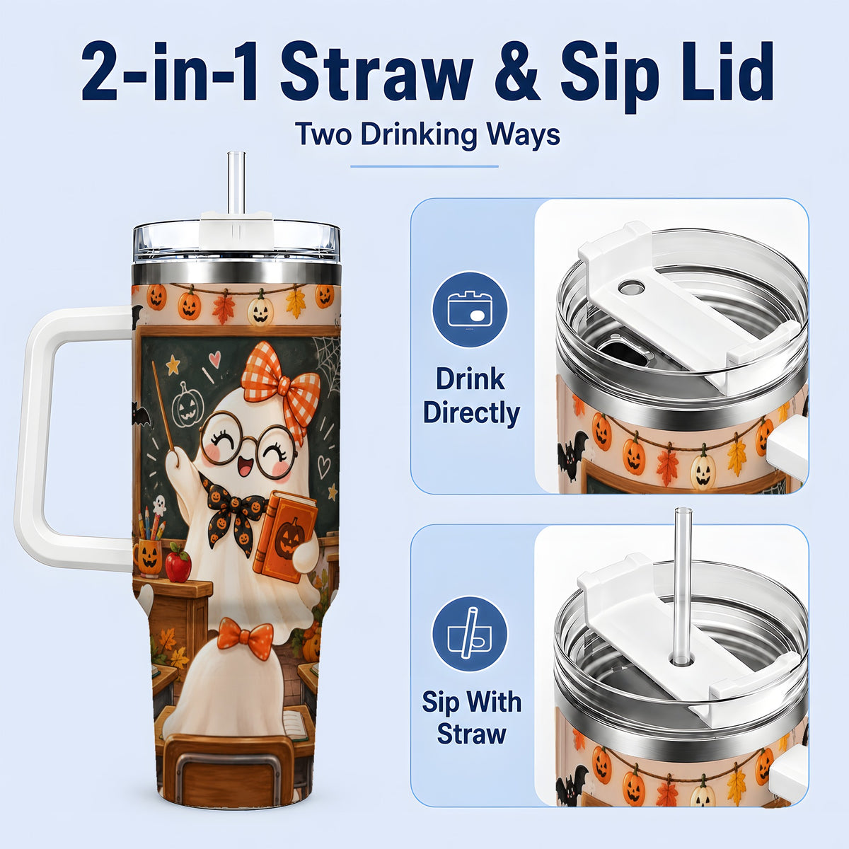 #pl[40oz|White] Halloween Ghost Teacher 40oz Tumbler with Classroom Artwork