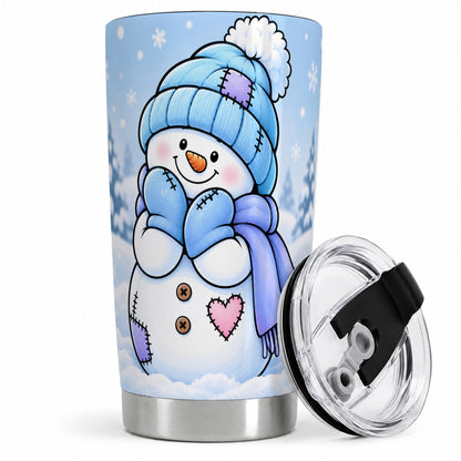 Cute Winter Snowman 20oz Tumbler, Blue Hat Scarf and Heart Artwork