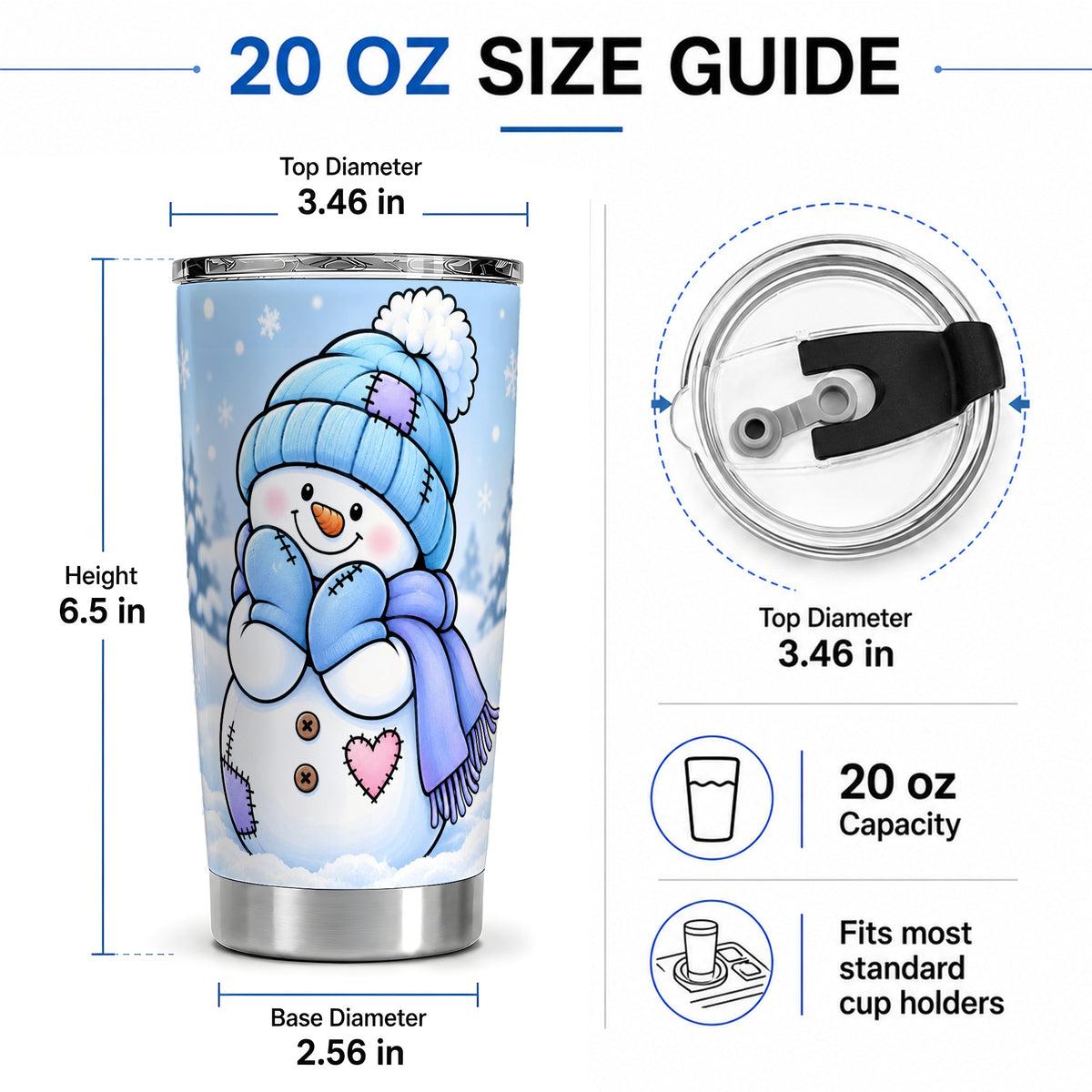 #pl[20oz|Steel] Cute Winter Snowman 20oz Tumbler, Blue Hat Scarf and Heart Artwork