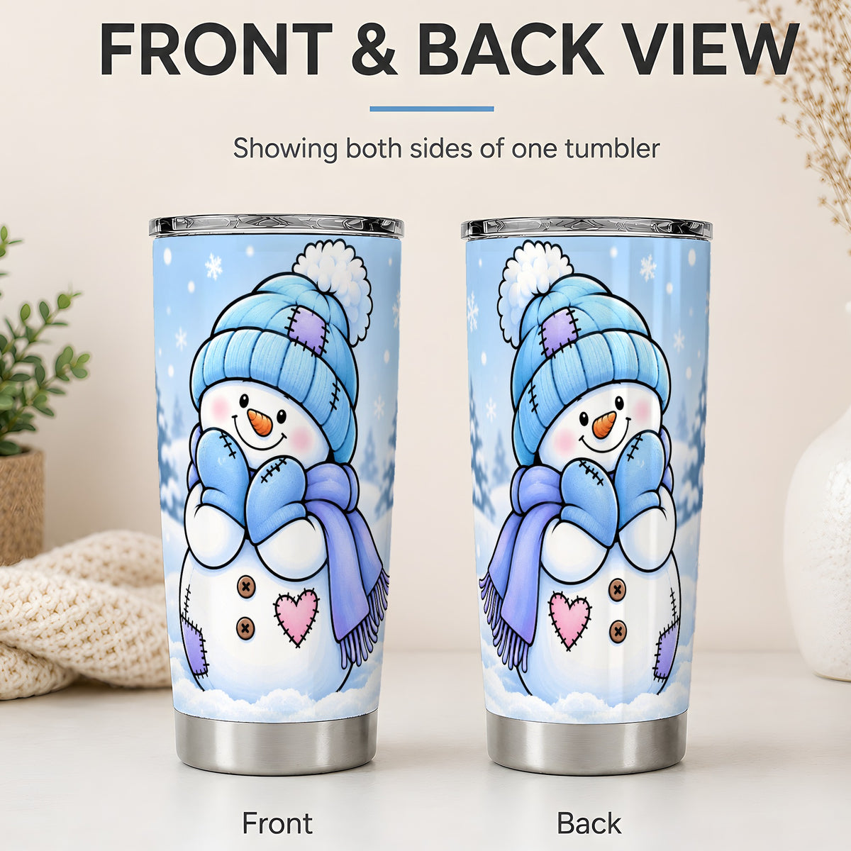 #pl[20oz|Steel] Cute Winter Snowman 20oz Tumbler, Blue Hat Scarf and Heart Artwork