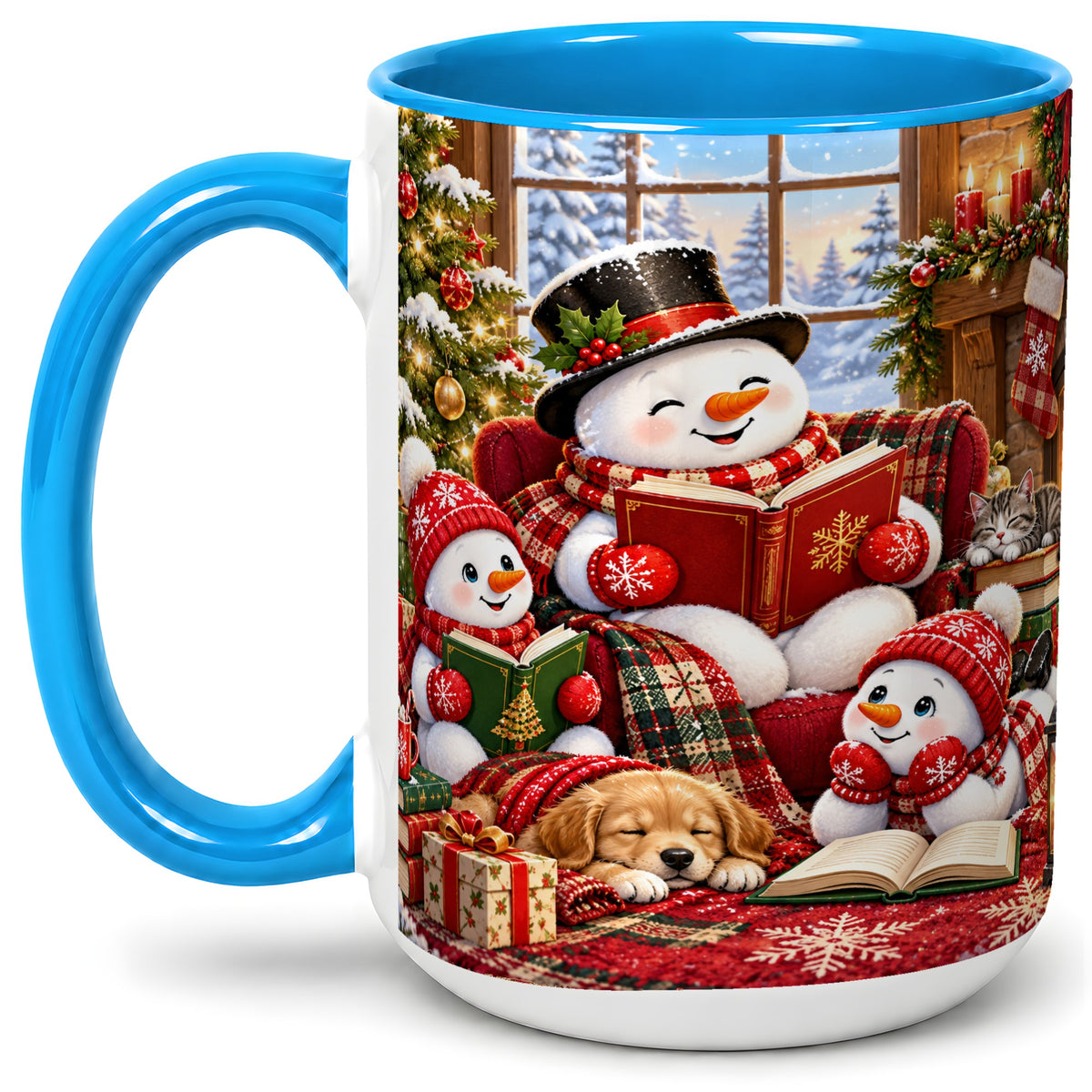 #pl[15oz|Blue] Christmas Snowman Reading Ceramic Mug with Cozy Holiday Artwork