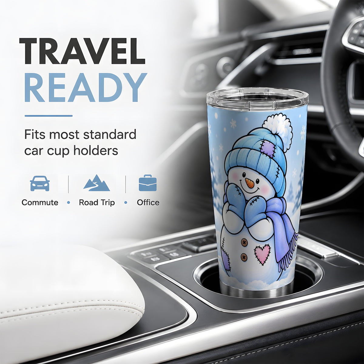 Cute Winter Snowman 20oz Tumbler, Blue Hat Scarf and Heart Artwork