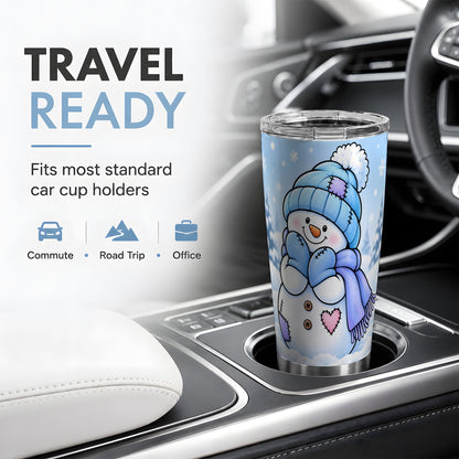 Cute Winter Snowman 20oz Tumbler, Blue Hat Scarf and Heart Artwork