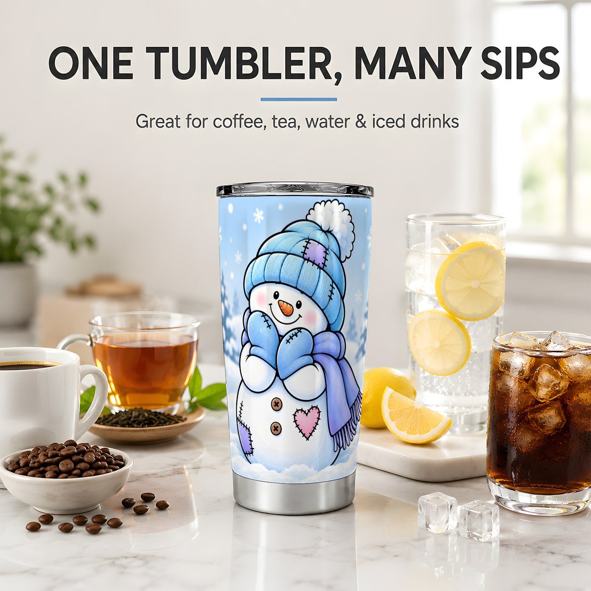 Cute Winter Snowman 20oz Tumbler, Blue Hat Scarf and Heart Artwork