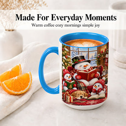 #pl[15oz|Blue] Christmas Snowman Reading Ceramic Mug with Cozy Holiday Artwork