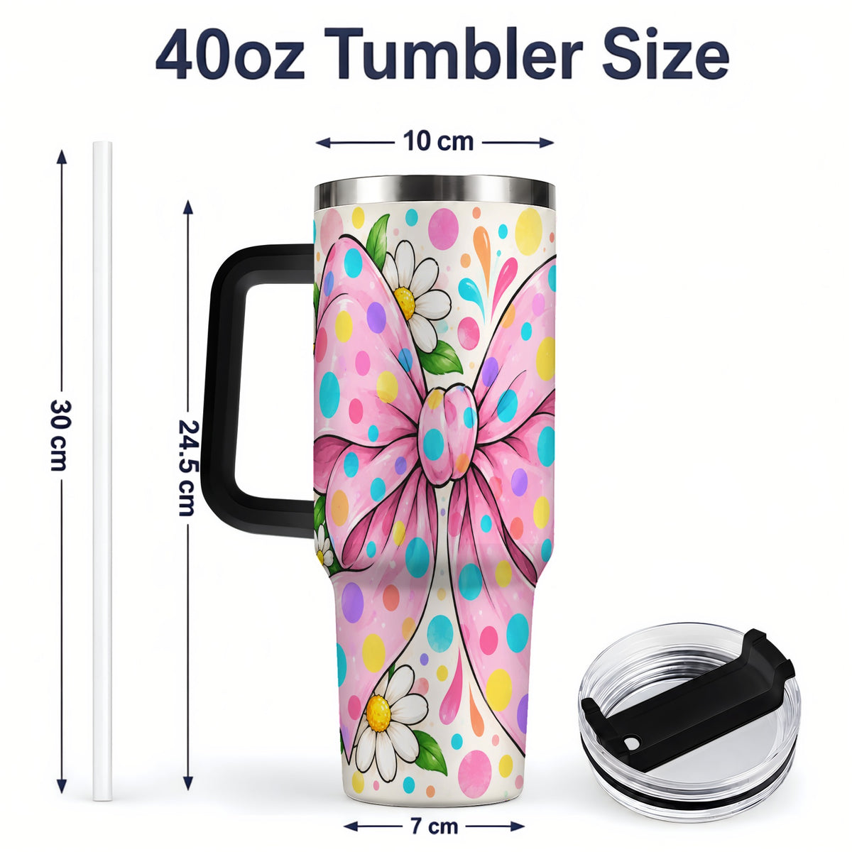 #pl[40oz|Black] Pink Polka Dot Bow 40oz Tumbler with Daisy Floral Artwork