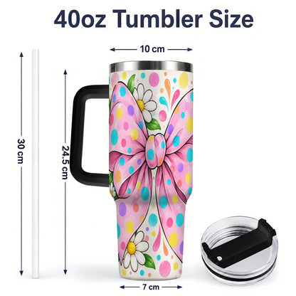 #pl[40oz|Black] Pink Polka Dot Bow 40oz Tumbler with Daisy Floral Artwork