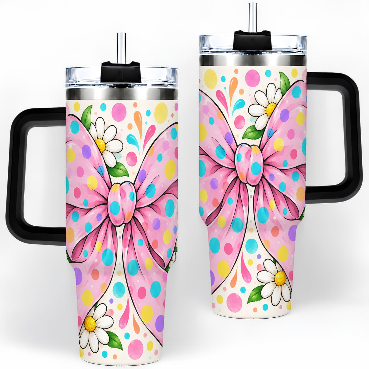 #pl[40oz|Black] Pink Polka Dot Bow 40oz Tumbler with Daisy Floral Artwork
