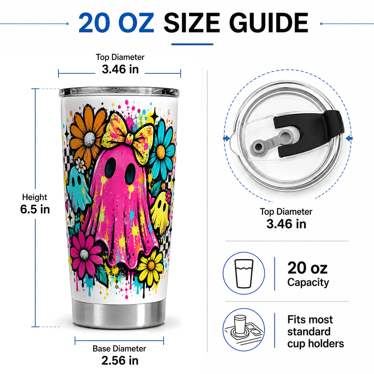 #pl[20oz|Steel] Colorful Ghost Floral 20oz Tumbler, Bright Halloween Paint Artwork