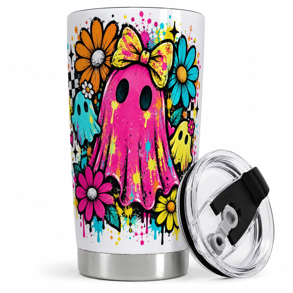Colorful Ghost Floral 20oz Tumbler, Bright Halloween Paint Artwork