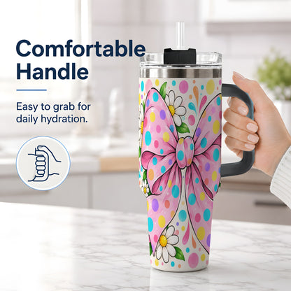 #pl[40oz|Black] Pink Polka Dot Bow 40oz Tumbler with Daisy Floral Artwork