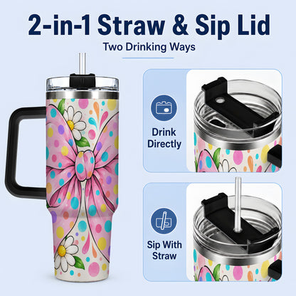 #pl[40oz|Black] Pink Polka Dot Bow 40oz Tumbler with Daisy Floral Artwork