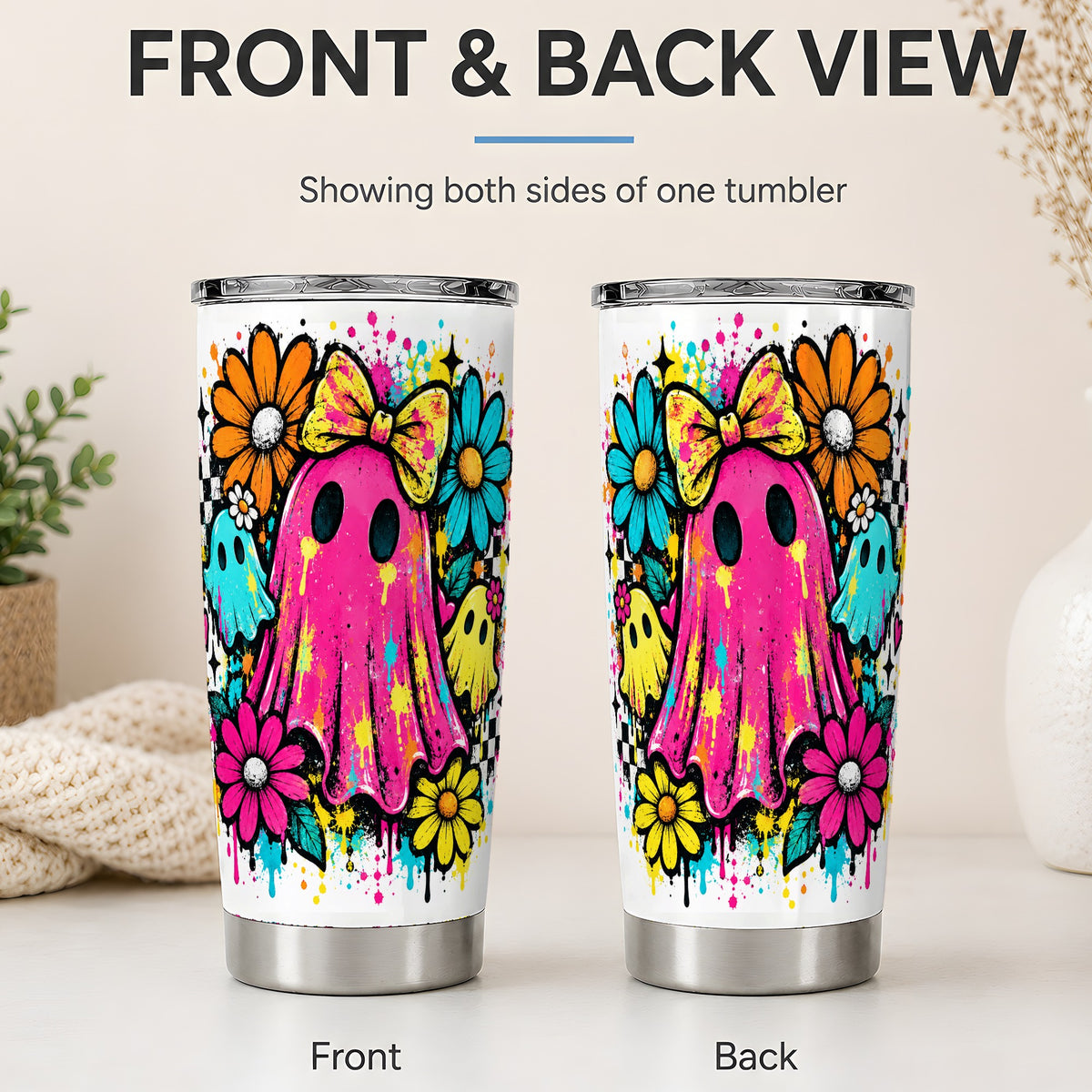 #pl[20oz|Steel] Colorful Ghost Floral 20oz Tumbler, Bright Halloween Paint Artwork