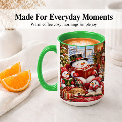 #pl[15oz|Green] Christmas Snowman Reading Ceramic Mug with Cozy Holiday Artwork