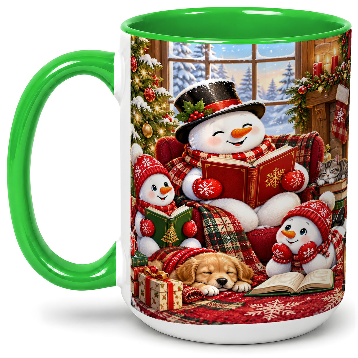 #pl[15oz|Green] Christmas Snowman Reading Ceramic Mug with Cozy Holiday Artwork
