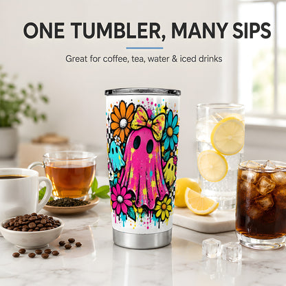 Colorful Ghost Floral 20oz Tumbler, Bright Halloween Paint Artwork