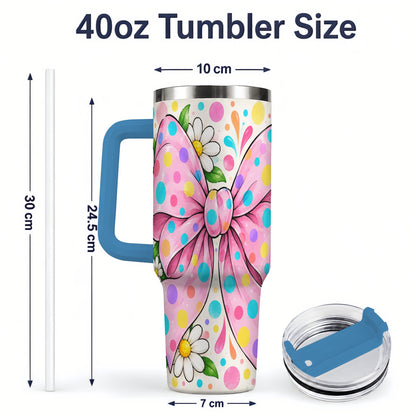 #pl[40oz|Blue] Pink Polka Dot Bow 40oz Tumbler with Daisy Floral Artwork