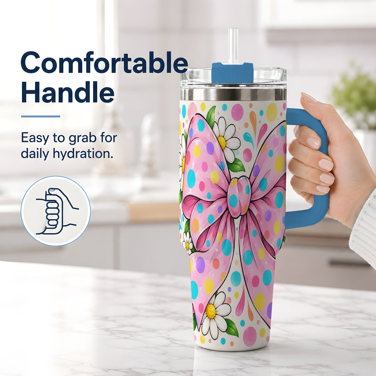 #pl[40oz|Blue] Pink Polka Dot Bow 40oz Tumbler with Daisy Floral Artwork