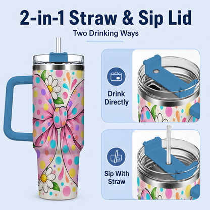 #pl[40oz|Blue] Pink Polka Dot Bow 40oz Tumbler with Daisy Floral Artwork