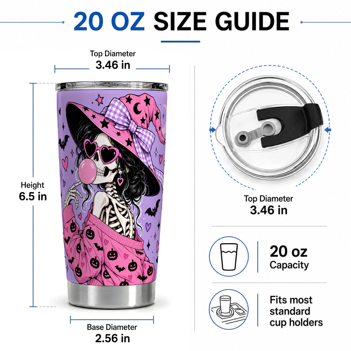 #pl[20oz|Steel] Pink Witch Skeleton 20oz Tumbler, Halloween Bubblegum and Bat Artwork