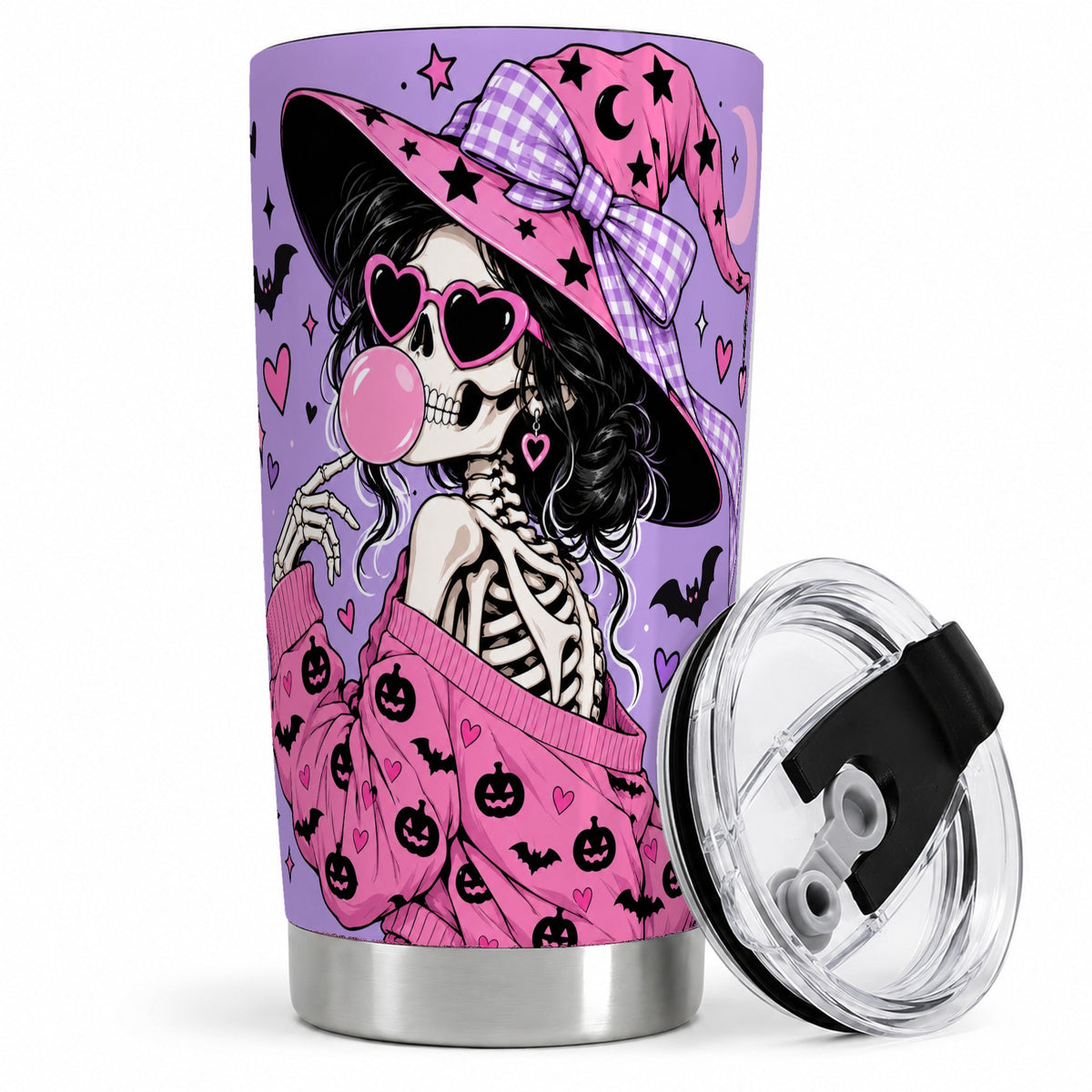Pink Witch Skeleton 20oz Tumbler, Halloween Bubblegum and Bat Artwork
