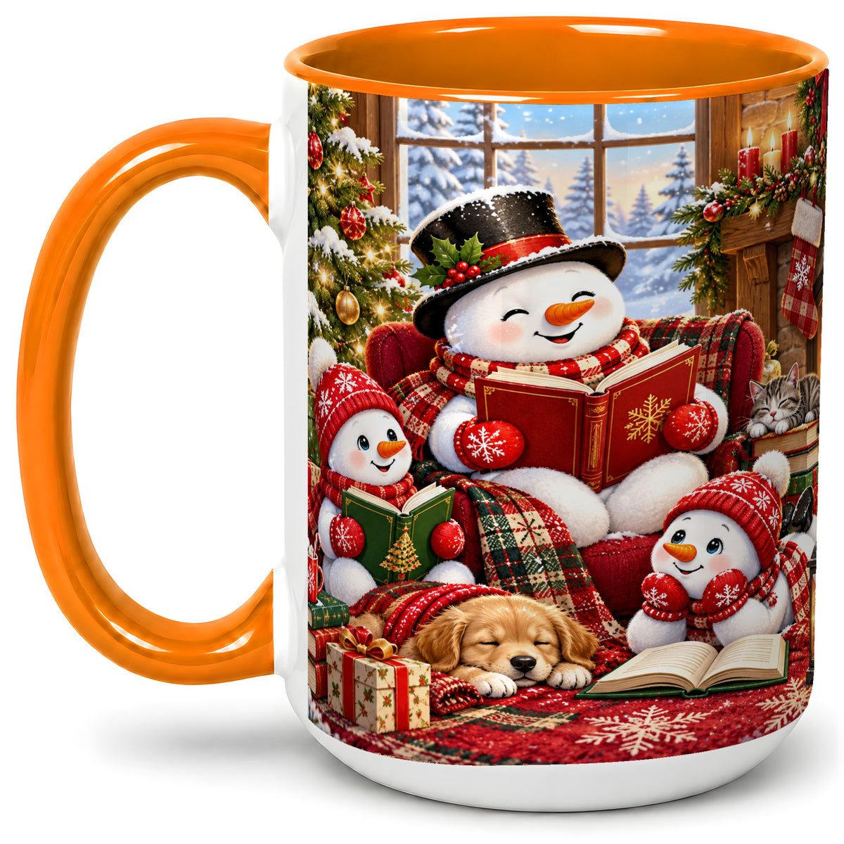 #pl[15oz|Orange] Christmas Snowman Reading Ceramic Mug with Cozy Holiday Artwork