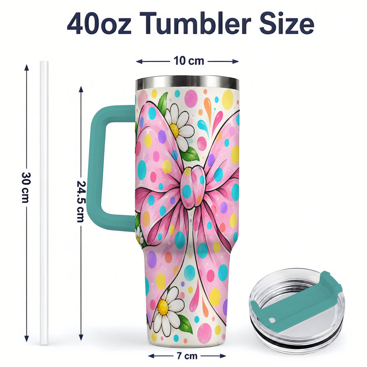 #pl[40oz|Green] Pink Polka Dot Bow 40oz Tumbler with Daisy Floral Artwork