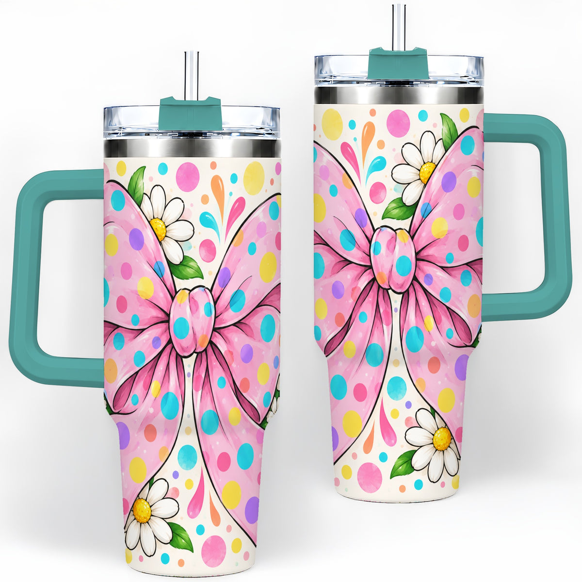 #pl[40oz|Green] Pink Polka Dot Bow 40oz Tumbler with Daisy Floral Artwork