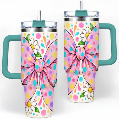 #pl[40oz|Green] Pink Polka Dot Bow 40oz Tumbler with Daisy Floral Artwork