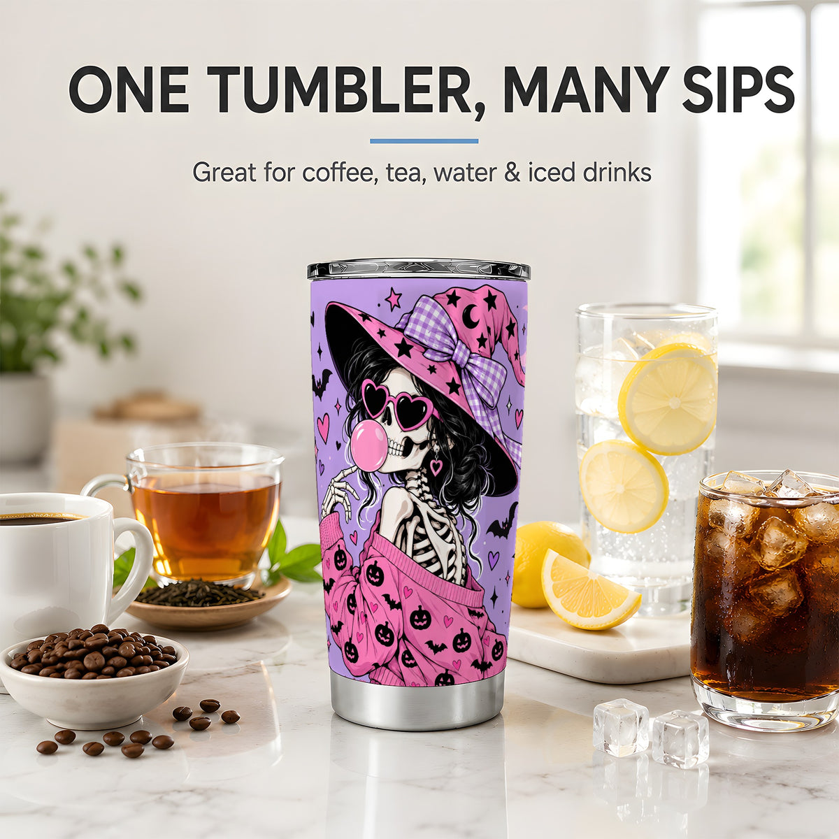 Pink Witch Skeleton 20oz Tumbler, Halloween Bubblegum and Bat Artwork