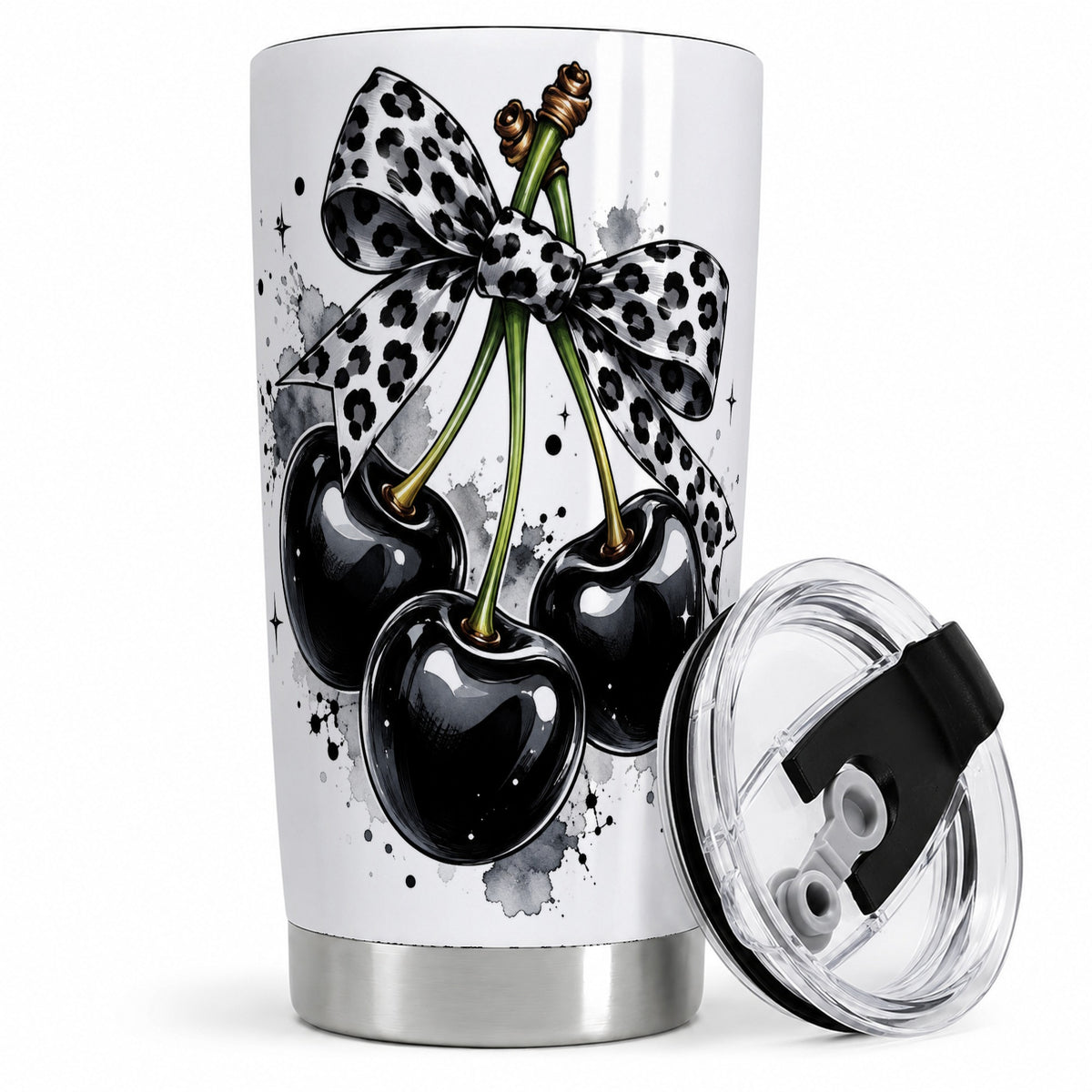 Black Cherry Bow 20oz Tumbler, Leopard Ribbon and Ink Splash Artwork