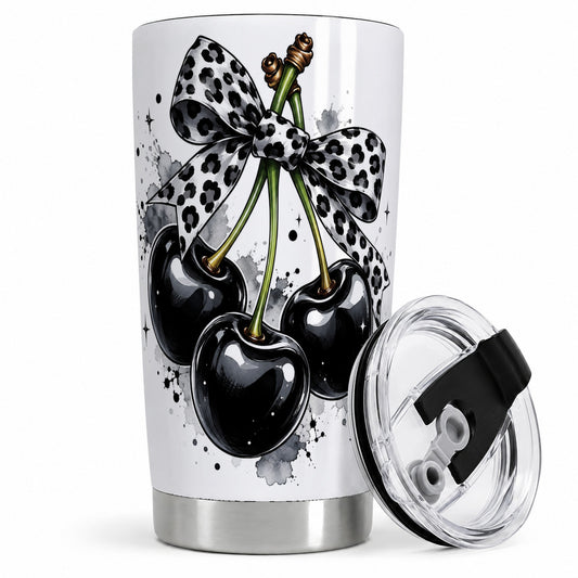 Black Cherry Bow 20oz Tumbler, Leopard Ribbon and Ink Splash Artwork