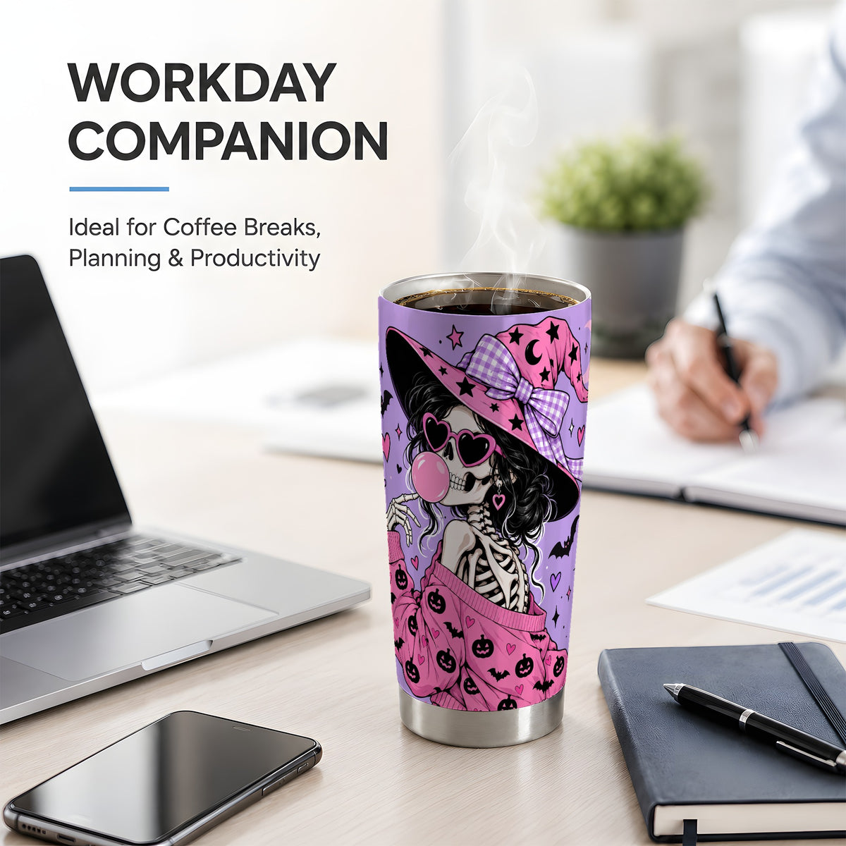 Pink Witch Skeleton 20oz Tumbler, Halloween Bubblegum and Bat Artwork
