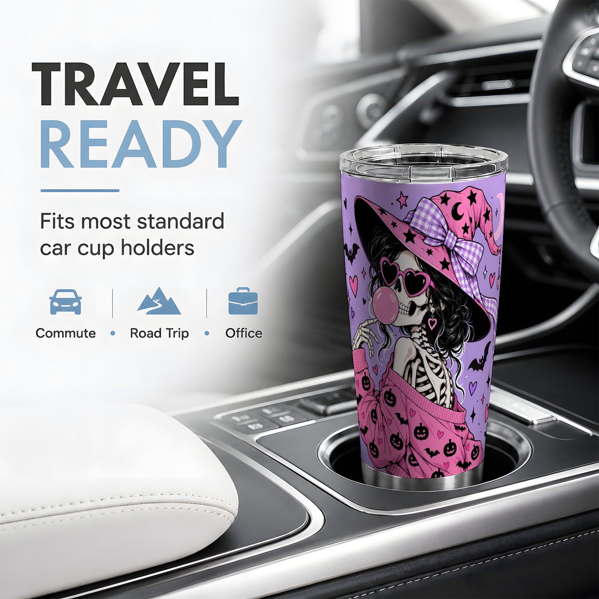 Pink Witch Skeleton 20oz Tumbler, Halloween Bubblegum and Bat Artwork
