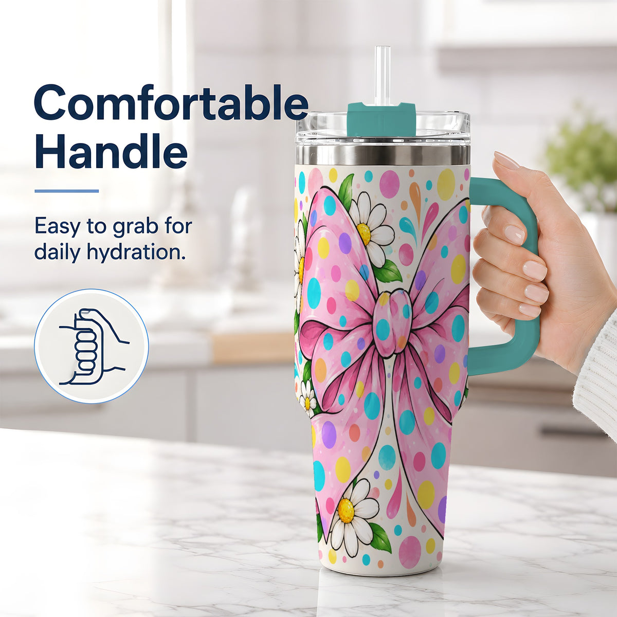 #pl[40oz|Green] Pink Polka Dot Bow 40oz Tumbler with Daisy Floral Artwork