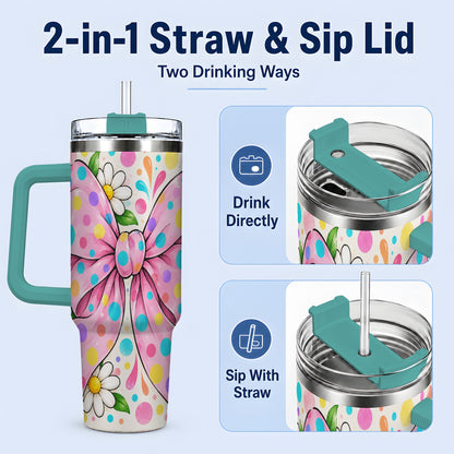 #pl[40oz|Green] Pink Polka Dot Bow 40oz Tumbler with Daisy Floral Artwork