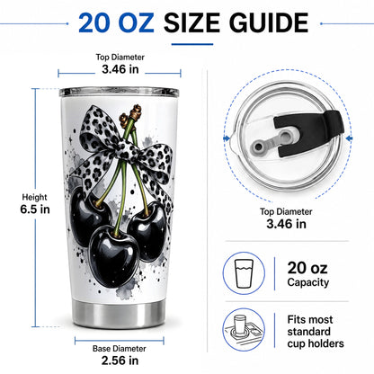 #pl[20oz|Steel] Black Cherry Bow 20oz Tumbler, Leopard Ribbon and Ink Splash Artwork