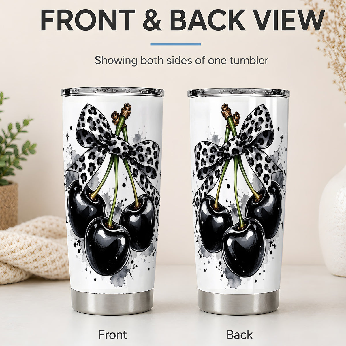 #pl[20oz|Steel] Black Cherry Bow 20oz Tumbler, Leopard Ribbon and Ink Splash Artwork