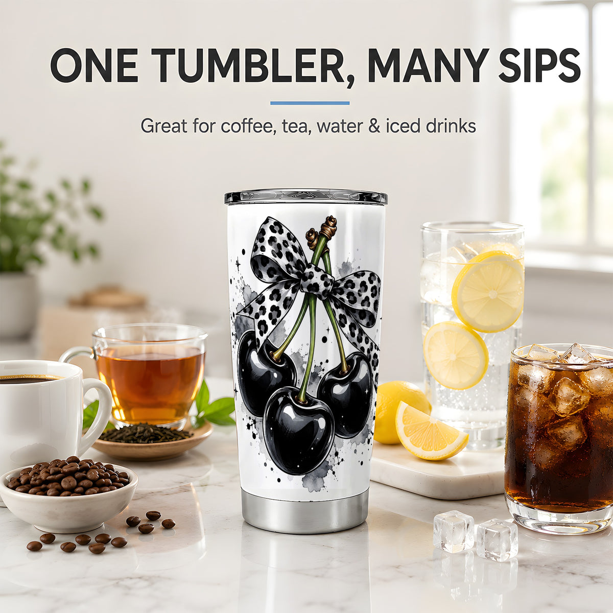 Black Cherry Bow 20oz Tumbler, Leopard Ribbon and Ink Splash Artwork