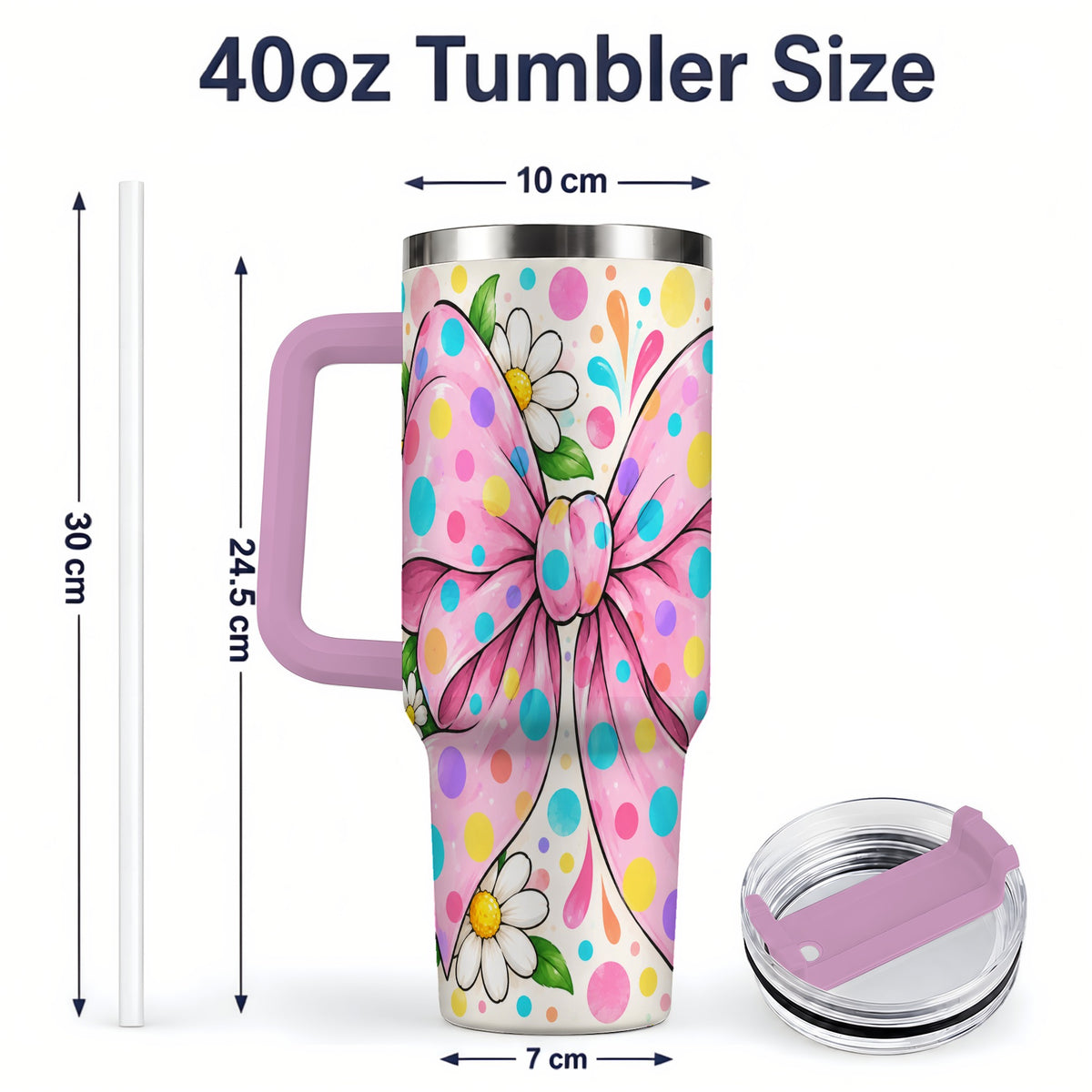 #pl[40oz|Pink] Pink Polka Dot Bow 40oz Tumbler with Daisy Floral Artwork